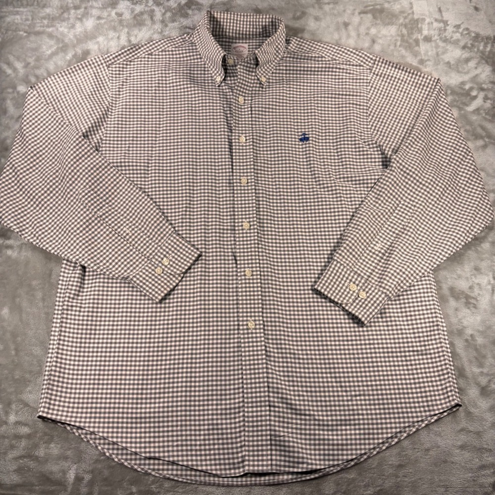 Brooks Brothers Mens L Traditional Fit Non-Iron Gingham Supima Cotton Shirt Grey